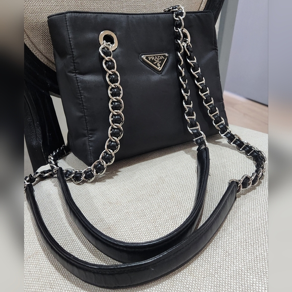 PRADA Black Nylon Tessuto Tote with Leather Thread Chain - Picture 3 of 16